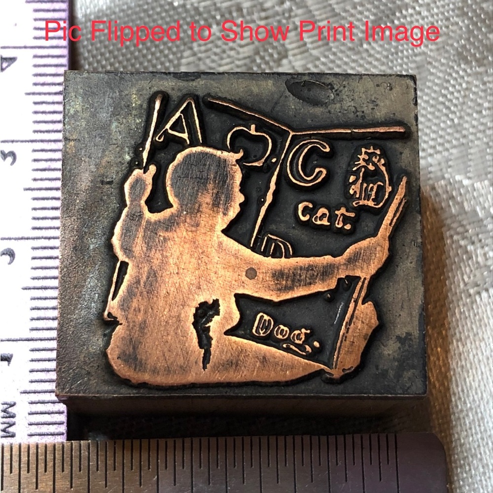 Antique Wooden Print Block Copper Child Book Dog Cat ABCs